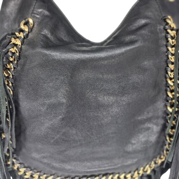 Michael Kors Hobo Bag Purse Black Leather Fringe Gold Chain Braided Slouchy Boho - Picture 7 of 16